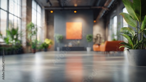 Wallpaper Mural Modern loft apartment interior with large windows, plants, and orange couch. Torontodigital.ca