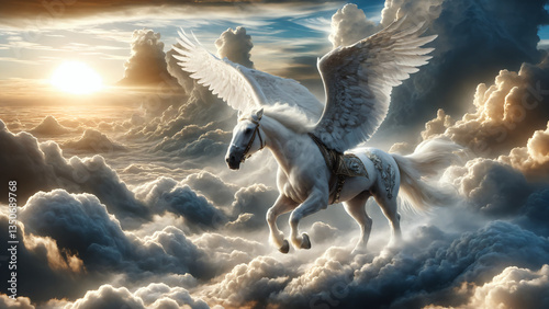 Pegasus flying in the sky. The legendary creature in Greek mythology.
