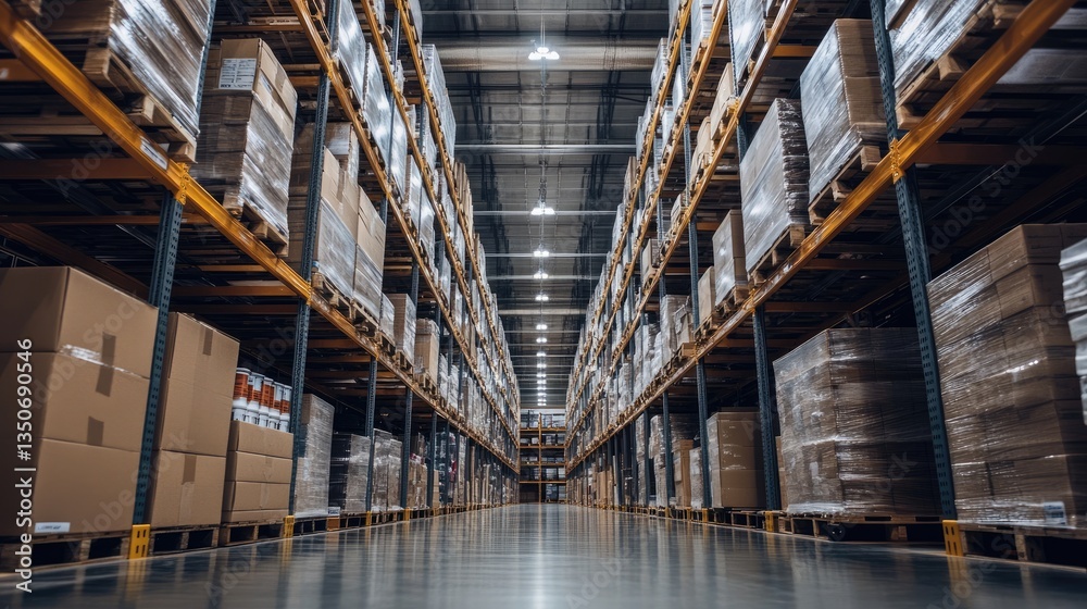 Fototapeta premium Small warehouse space with organized shelves filled with neatly labeled products for online orders.
