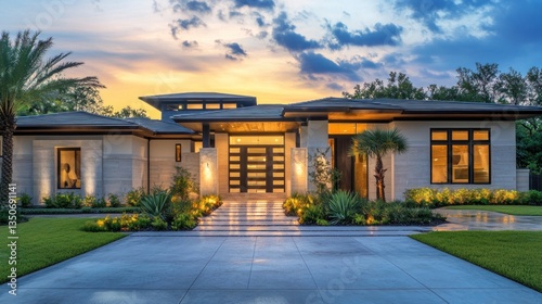 Modern luxury home exterior at sunset, featuring sleek design, landscaping, and driveway.