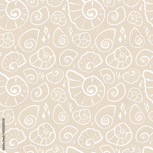 Hand drawn sea shells with sparkles beige yellow sandy seamless pattern in doodle sketchy style on white background. Line art sea shell vector background
