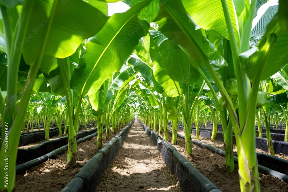 Banana plantation growing in greenhouse with drip irrigation system