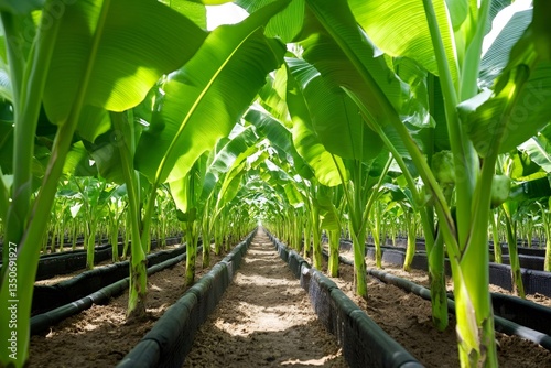 Banana plantation growing in greenhouse with drip irrigation system