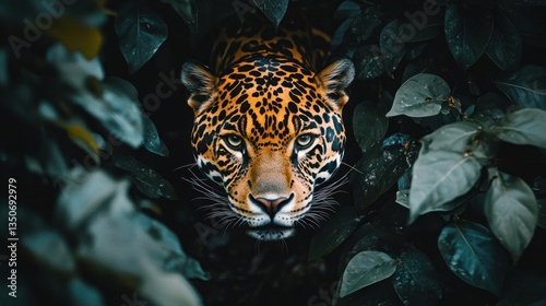 Close-Up of a Jaguar Featuring Fierce Eyes and Vibrant Spots Surrounded by Dense Jungle Foliage