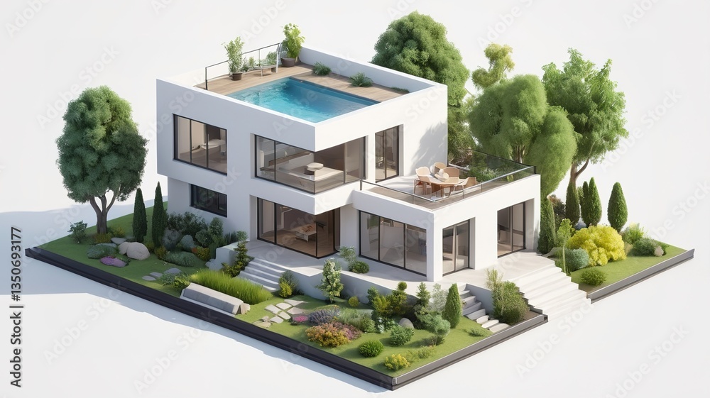 Obraz premium A small modern minimalist house isometric perspective, 3D model miniature