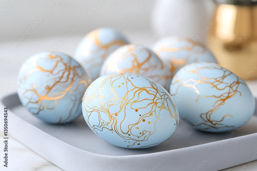 Obraz premium Light blue easter eggs with golden decoration lying on a tray