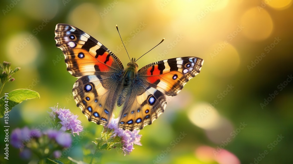 Colorful Butterfly Perched on a Blooming Flower in a Fresh Garden During Sunny Spring Afternoon Colorful Butterfly Perched on a Blooming Flower in a Fresh Garden During Sunny Spring Afternoon