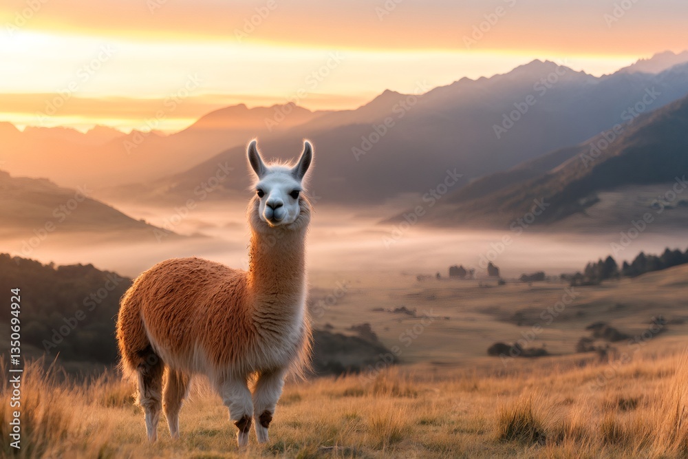Fototapeta premium Llama standing in mountain valley at sunrise with fog