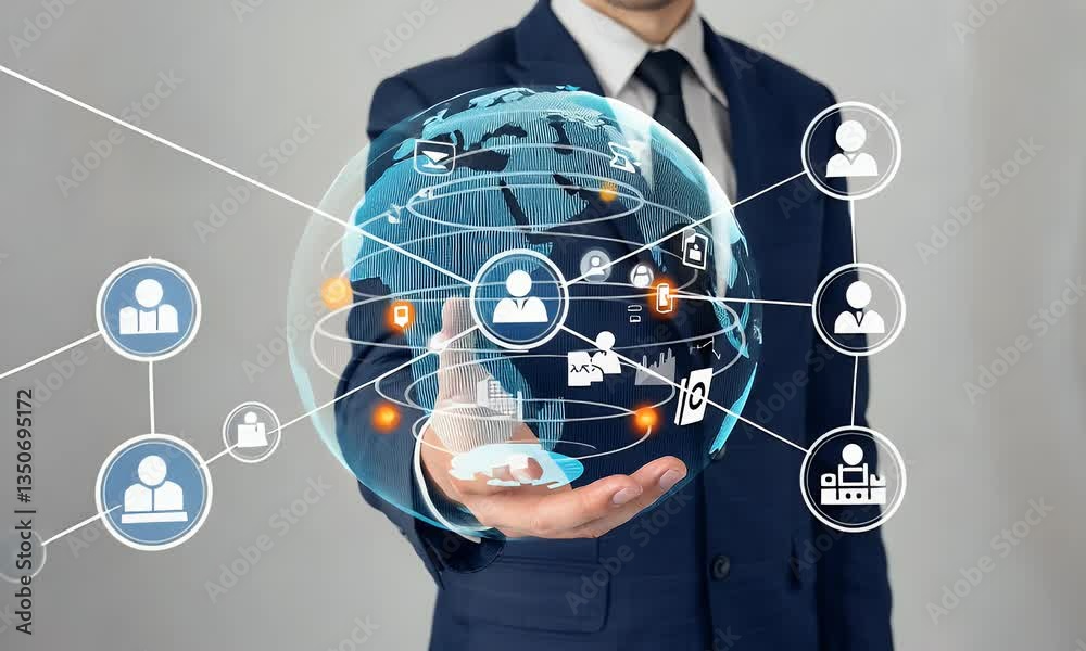 Businessman holding global network sphere