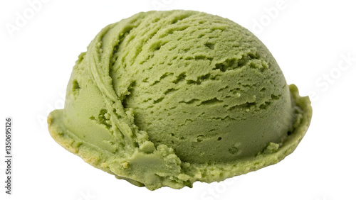 Velvety Matcha Ice Cream Scoop with Earthy Green Hues and Fresh Melting Edges on white background.