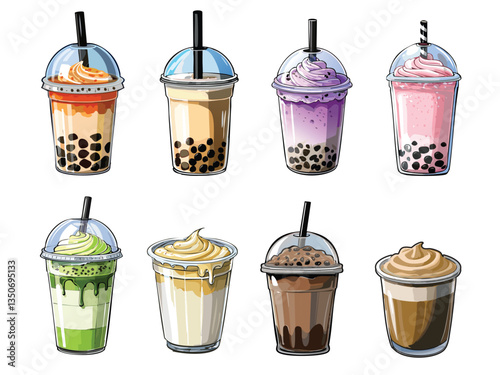 Bubble Tea and Milkshake Drinks Illustration collection,  colorful beverages with toppings.