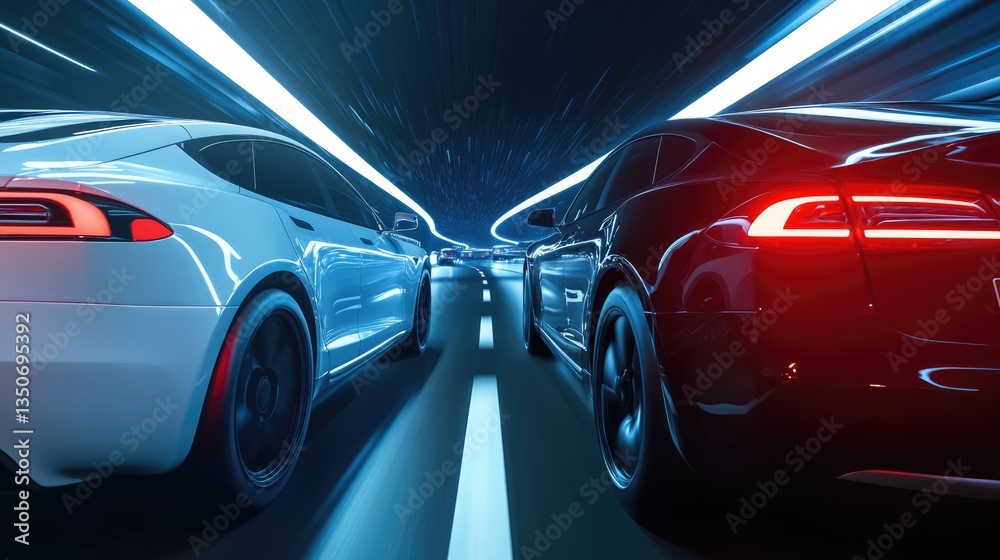 Obraz premium Two sleek electric cars racing through a futuristic tunnel, showcasing speed and innovation in a vibrant environment