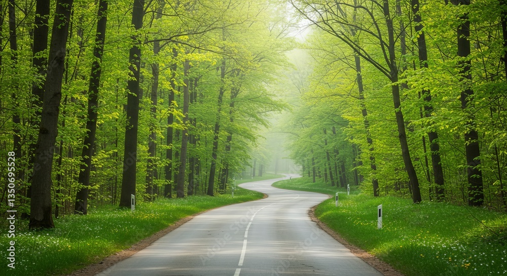 Obraz premium A Winding Road Through a Lush Green Forest is Displayed