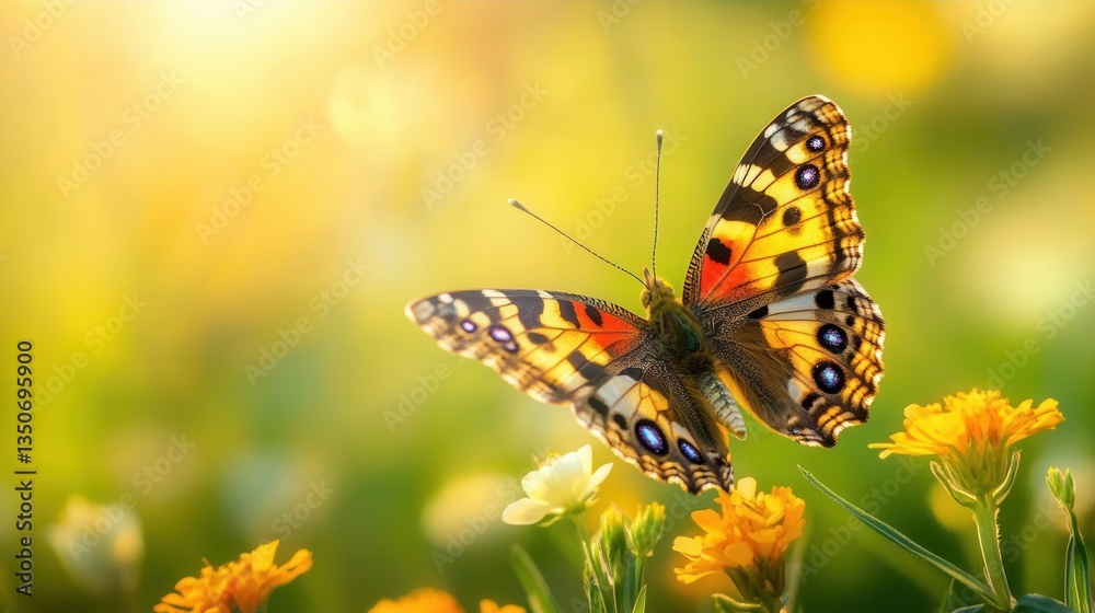 Colorful Butterfly Perched on Flower Petals in a Sunlit Garden During Spring Season Colorful Butterfly Perched on Flower Petals in a Sunlit Garden During Spring Season