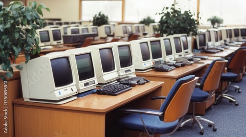 Rows of vintage beige computers with keyboards on light wood desks in a bright office space. Blue chairs and potted plants add to the retro atmosphere.