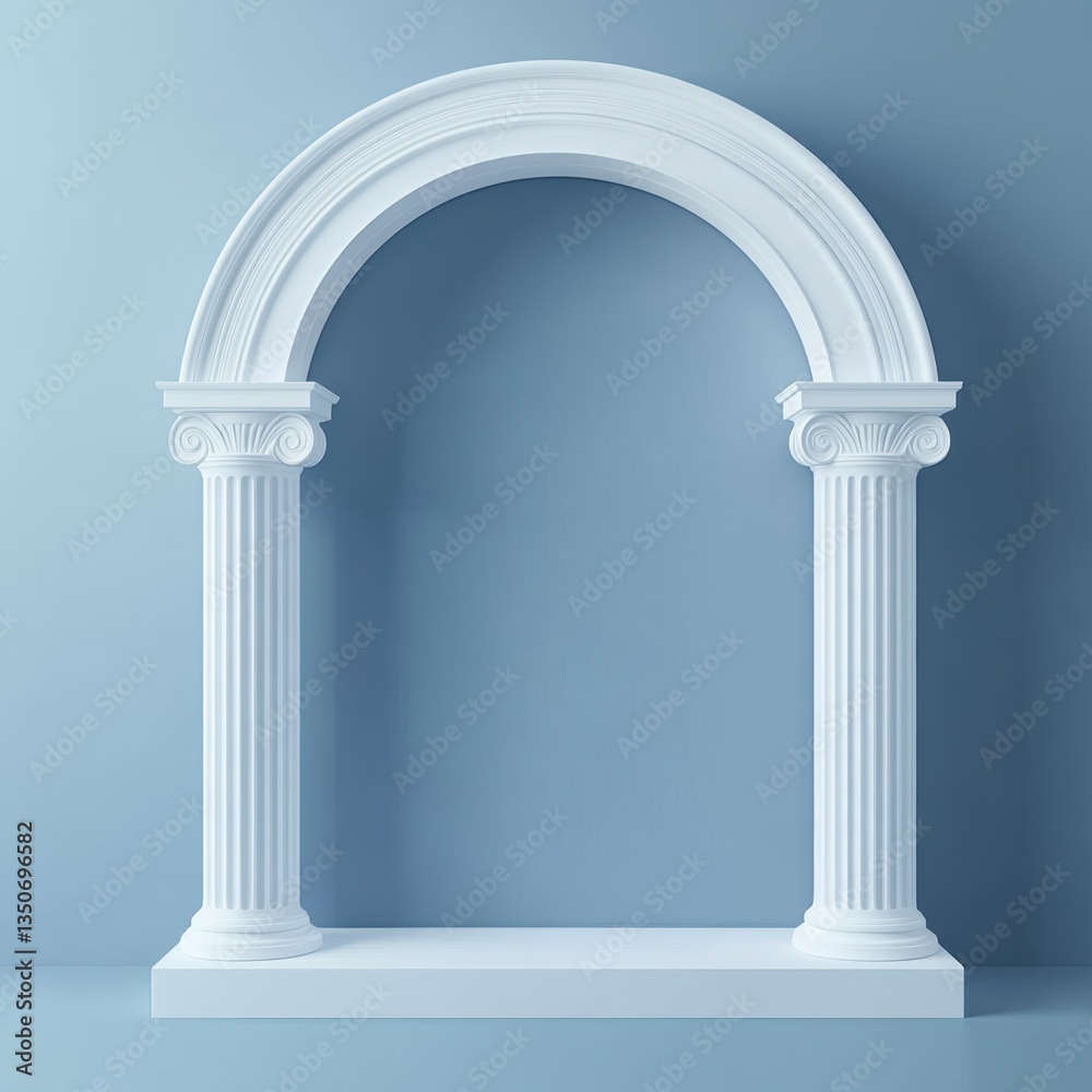 Obraz premium White classical archway with columns against a light blue background. Simple, elegant architectural detail.