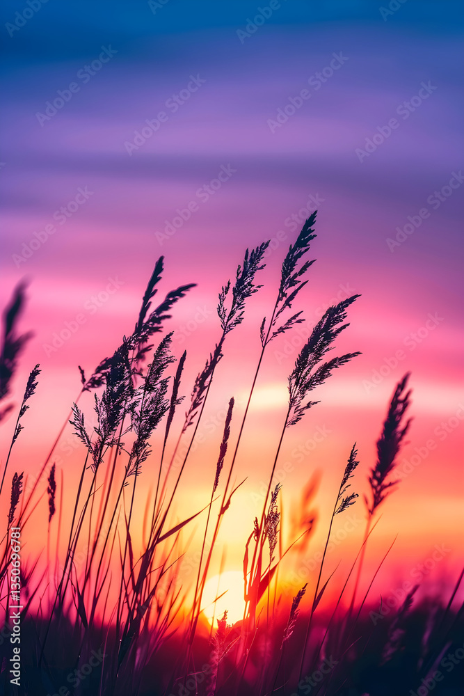 Captivating Display of Golden Hour: Surreal Sunset Among Silhouetted Grass Captivating Display of Golden Hour: Surreal Sunset Among Silhouetted Grass