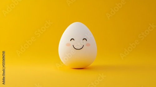 Minimalist cartoon egg with a smiley face on a bright yellow background, blending simplicity with charm, conveying happiness, and showcasing imaginative character design in a cheerful visual