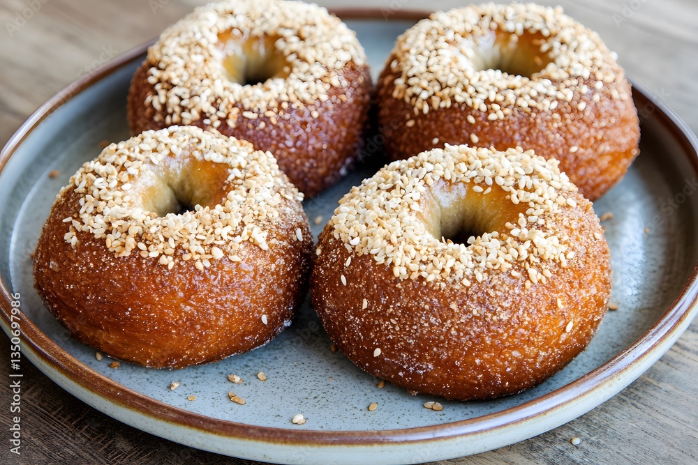 Delicious Sesame Seed Bagels on Grey Plate Delicious Sesame Seed Bagels on Grey Plate