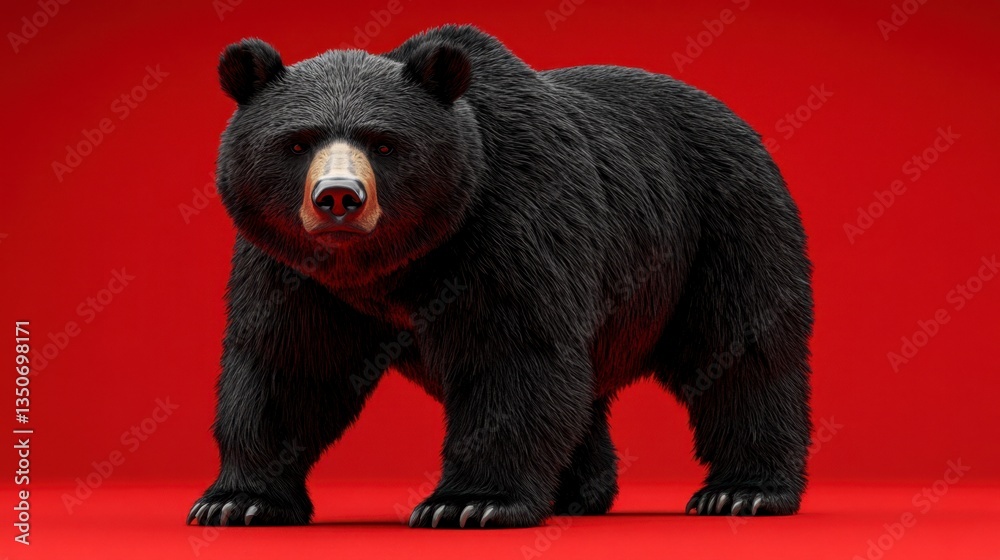 Fototapeta premium Black bear standing on red background, detailed fur texture, intense gaze, studio lighting.