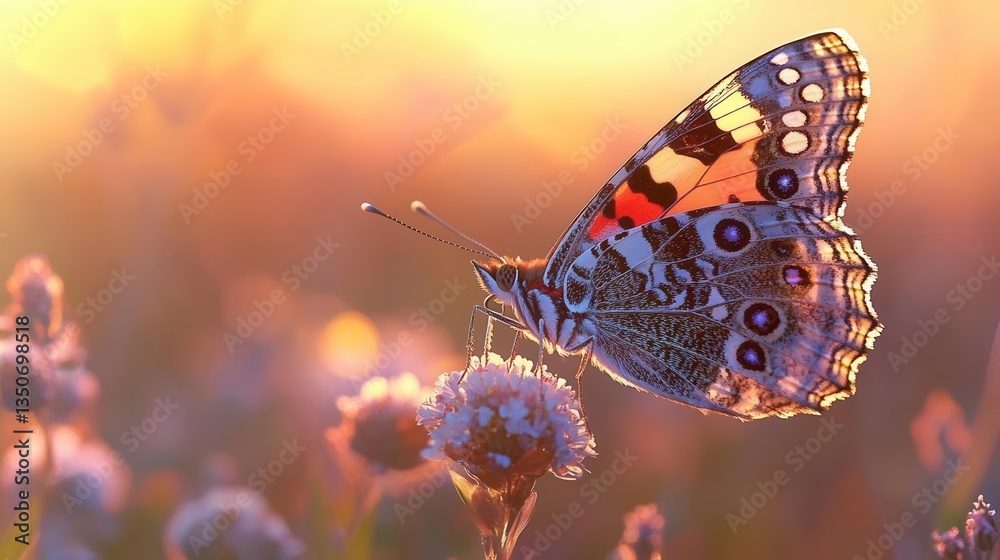 Naklejka premium Colorful Butterfly Sitting on Flower Petals at Sunset in a Tranquil Natural Setting