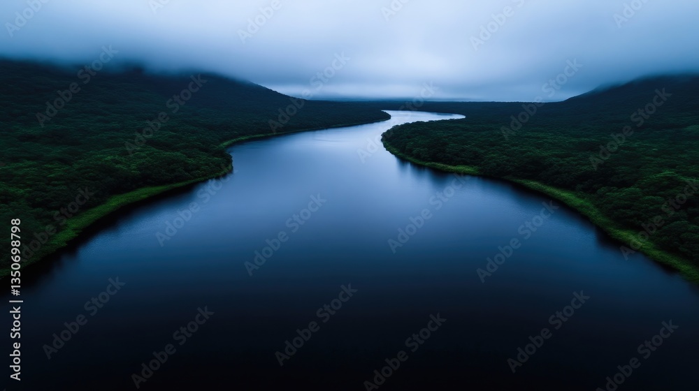 Obraz premium Serene river winding through misty mountains
