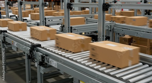 Industrial Conveyor Belt System in a Modern Warehouse: Efficient Package Sorting for Logistics and Supply Chain Management