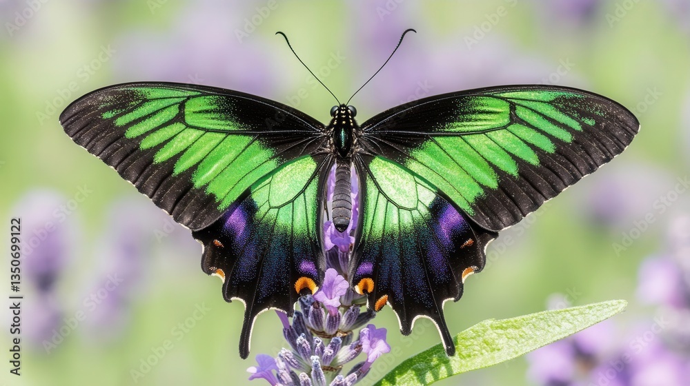 Detailed Close-Up of a Vibrant Green Butterfly Resting on Purple Flowers in a Natural Environment Detailed Close-Up of a Vibrant Green Butterfly Resting on Purple Flowers in a Natural Environment