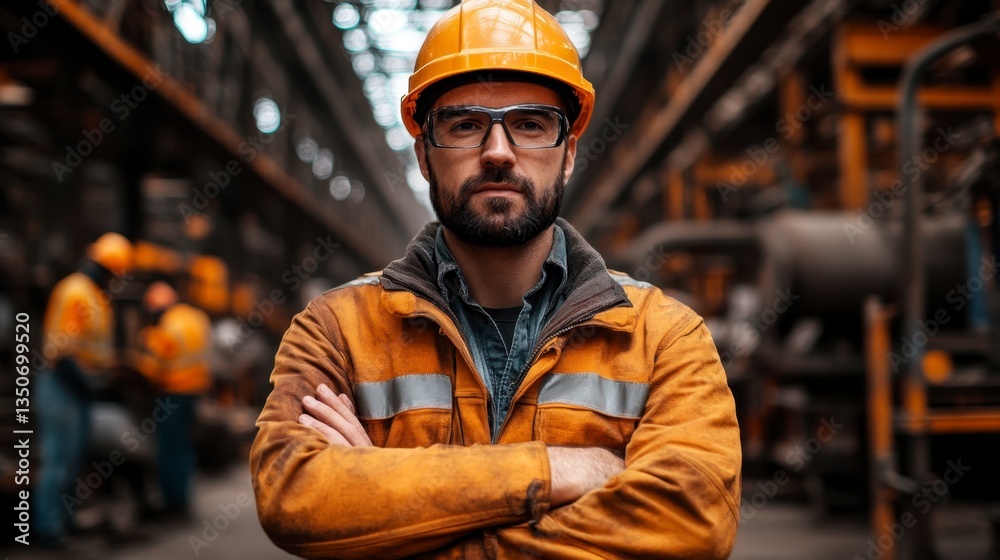 Portrait of a man in a yellow work jacket and hard hat, arms crossed, standing in an industrial setting. The background is blurry, showing other workers and industrial equipment. Portrait of a man in a yellow work jacket and hard hat, arms crossed, standing in an industrial setting. The background is blurry, showing other workers and industrial equipment.