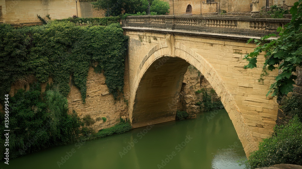 Fototapeta premium Ancient Stone Arch Bridge Over Green Water with Lush Ivy