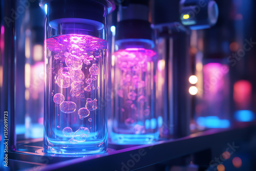 Glowing laboratory flasks with colorful liquids and bubbles.