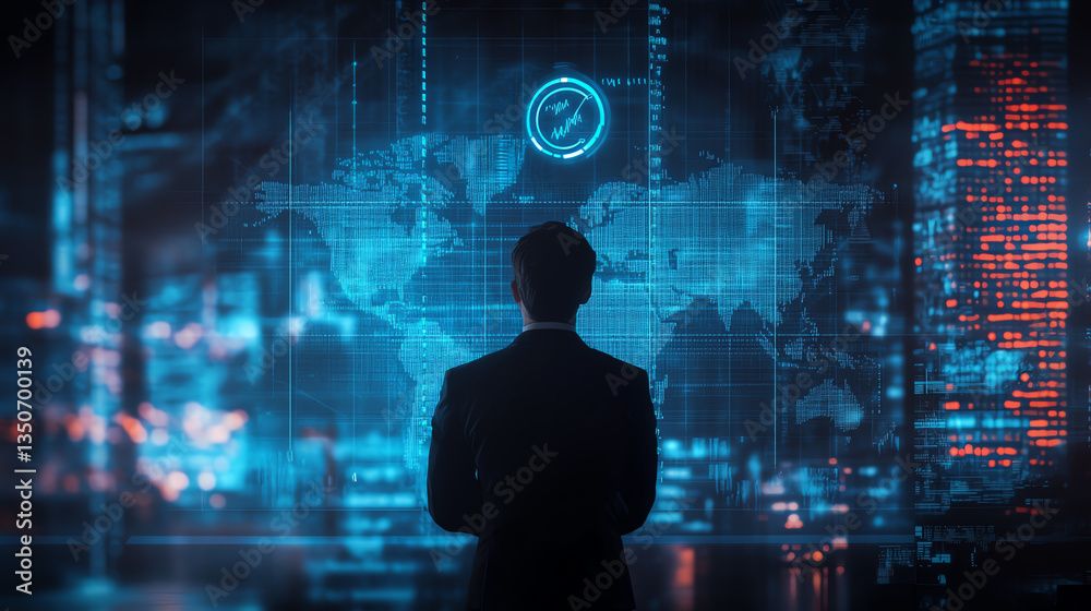Businessman analyzing futuristic digital world map data interface. Businessman analyzing futuristic digital world map data interface.