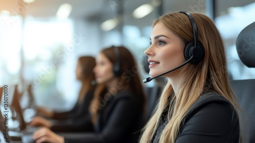 Three young women in a modern office setting wear headsets and work at computers, a focus on a woman with long blond hair in the foreground.