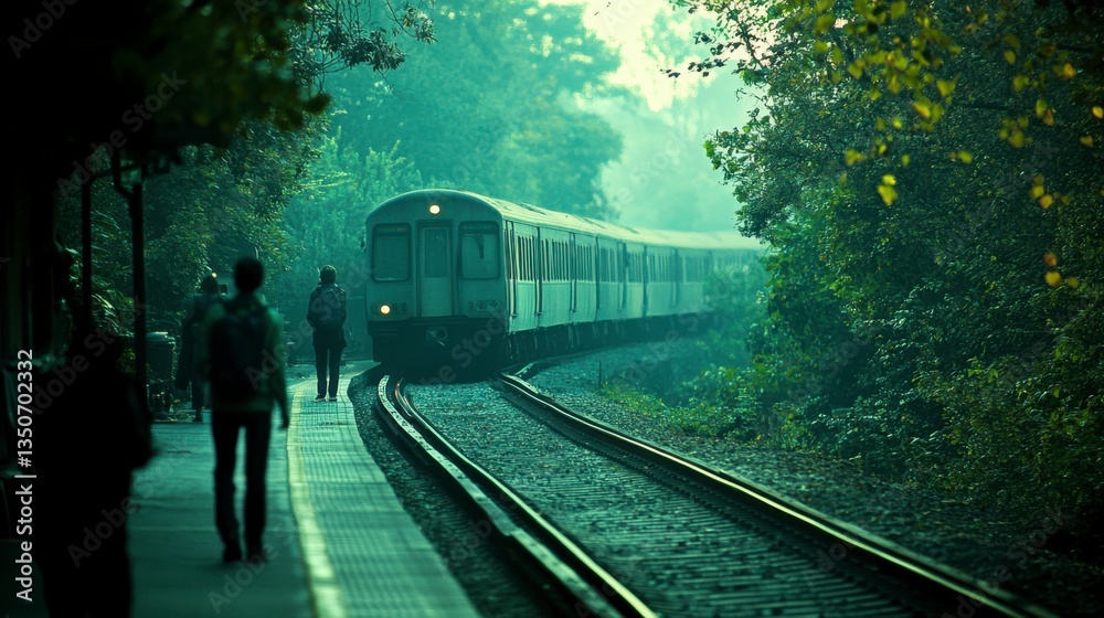 Fototapeta premium A commuter train arrives at a station platform on a misty morning, passengers wait, green foliage surrounds the tracks. The scene evokes a sense of quiet anticipation and daily routine.