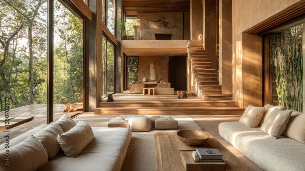 Fototapeta premium Modern minimalist house interior with large windows, wooden floors and furniture, and a view of lush green forest.