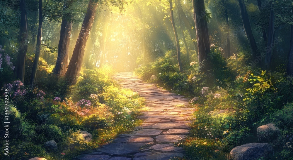 Obraz premium A sunlight dappled path winds through a vibrant forest landscape