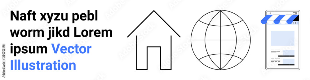 House outline, globe, and mobile storefront design emphasize online presence, global connection, and e-commerce. Ideal for business, technology, real estate, e-commerce marketing education House outline, globe, and mobile storefront design emphasize online presence, global connection, and e-commerce. Ideal for business, technology, real estate, e-commerce marketing education