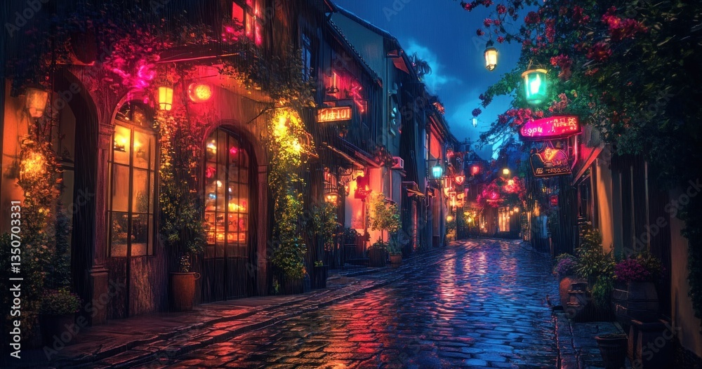 A picturesque cobblestone street illuminated with colorful electric lighting A picturesque cobblestone street illuminated with colorful electric lighting