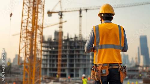 Construction Worker Overseeing Development at Urban Building Site photo