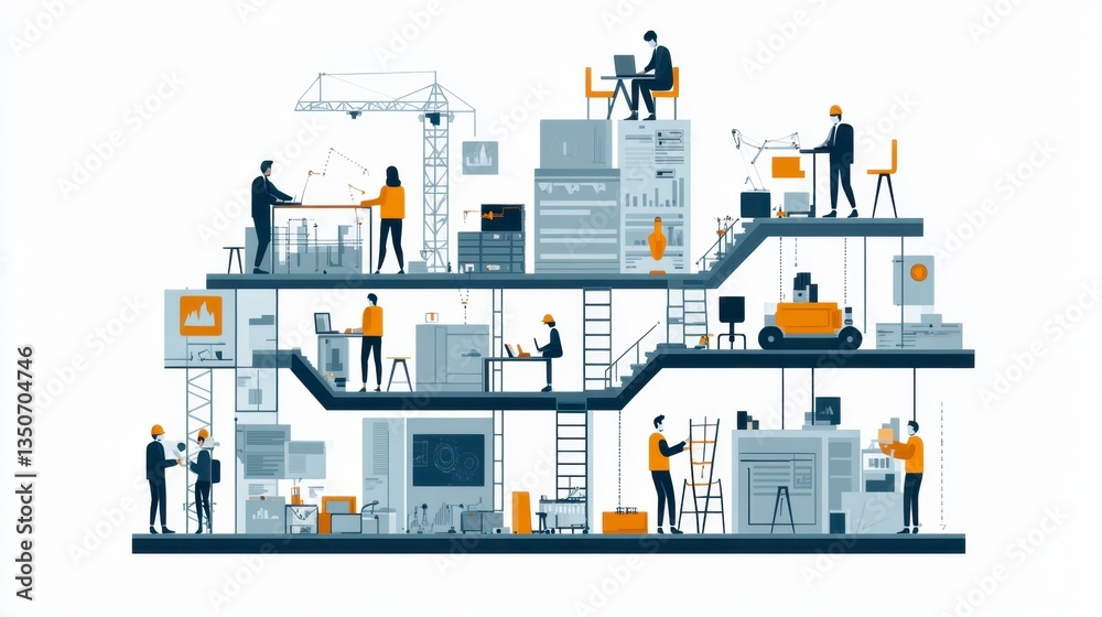 Fototapeta premium A stylized illustration depicting a multi level office interior with numerous employees engaged in various tasks. The design is minimalist, with muted colors and flat graphic style.