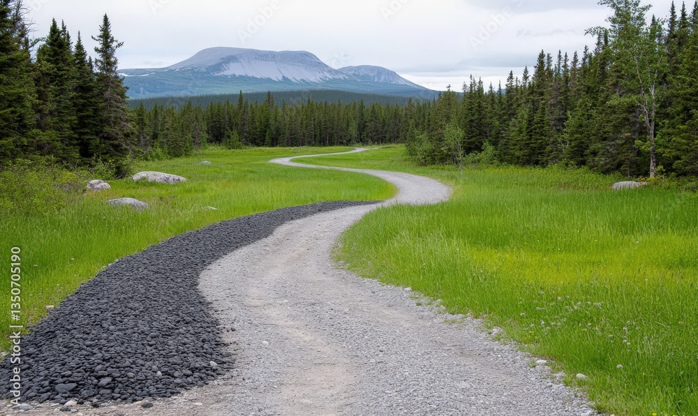 Serene Winding Path Through Lush Greenery with Mountain Background in a Tranquil Outdoor Landscape Serene Winding Path Through Lush Greenery with Mountain Background in a Tranquil Outdoor Landscape