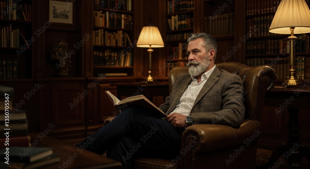 Distinguished Gentleman Reading in Elegant Library, Featuring Warm Lighting and Premium Leather Armchair Ambiance for Relaxation and Knowledge Pursuit Distinguished Gentleman Reading in Elegant Library, Featuring Warm Lighting and Premium Leather Armchair Ambiance for Relaxation and Knowledge Pursuit