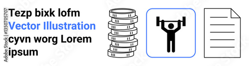 Stack of coins, weightlifter lifting barbell, lined document. Ideal for finance, savings, investment, fitness, strength, personal growth health simple landing page