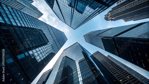 Upward perspective of modern glass skyscrapers reaching into a blue sky, highlighting advanced urban planning, corporate hubs and the sleek design of metropolitan architecture