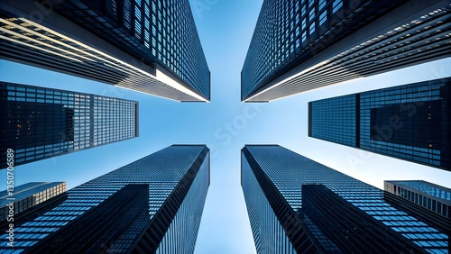 Modern high-rise buildings with reflective glass windows and a clear sky backdrop, symbolizing corporate growth, urbanization and contemporary architectural achievements