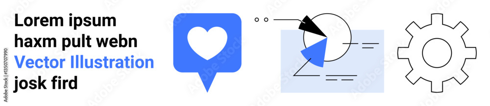 Heart within chat bubble, abstract analytics chart with arrows, and gear icon for mechanisms. Ideal for technology, analytics, marketing, teamwork, communication, app design simple landing page Heart within chat bubble, abstract analytics chart with arrows, and gear icon for mechanisms. Ideal for technology, analytics, marketing, teamwork, communication, app design simple landing page