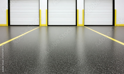 Smooth, Black Epoxy Floor with Vivid Yellow Lines and Industrial Garage Doors in a Modern Storage Facility