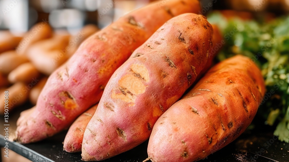 An Up-close Look at a Pile of Fresh Sweet Potatoes with Natural Earthy Tone and Rich Texture An Up-close Look at a Pile of Fresh Sweet Potatoes with Natural Earthy Tone and Rich Texture