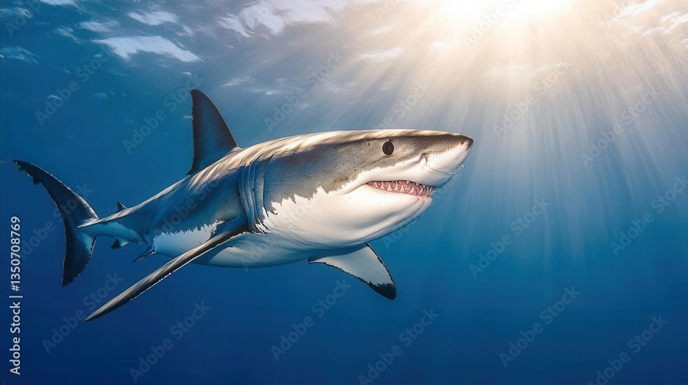 Fototapeta premium Majestic Great White Shark Swimming In Crystal Clear Ocean Waters Under Sunlight