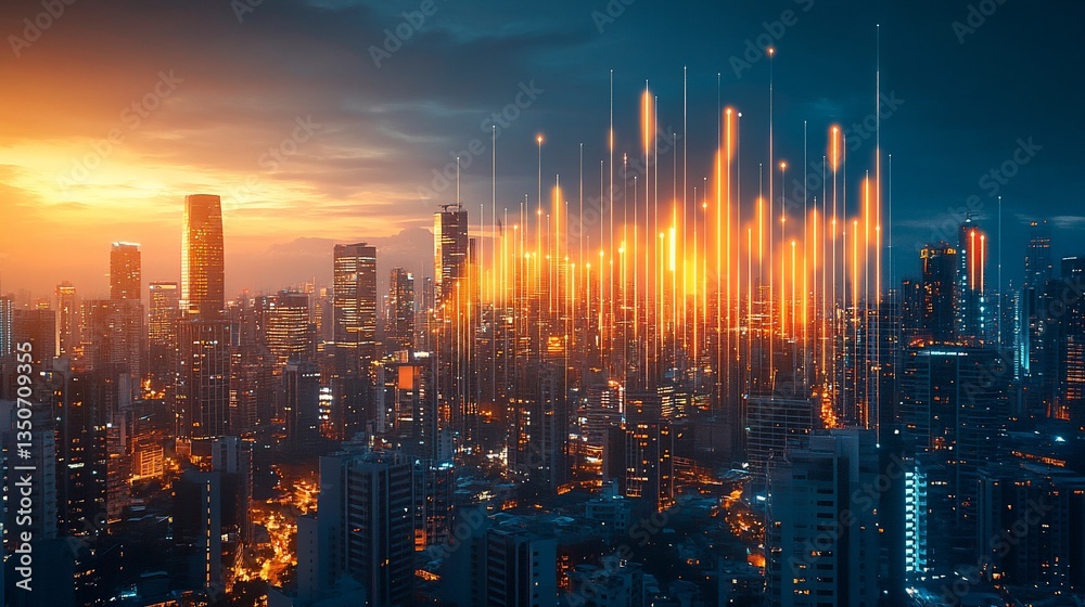 Futuristic cityscape with glowing data streams connecting buildings during sunset Futuristic cityscape with glowing data streams connecting buildings during sunset